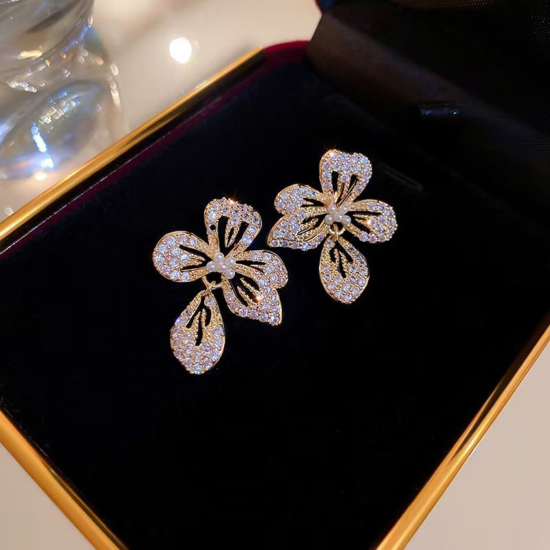 Fairy Flower Zirconia Pearl Stud Earrings for Women