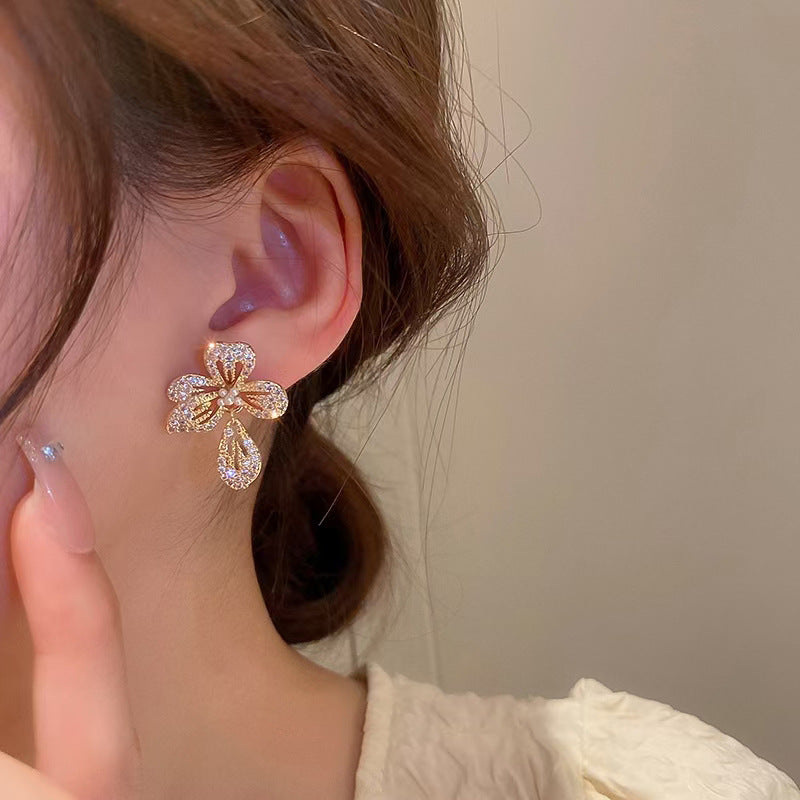 Fairy Flower Zirconia Pearl Stud Earrings for Women