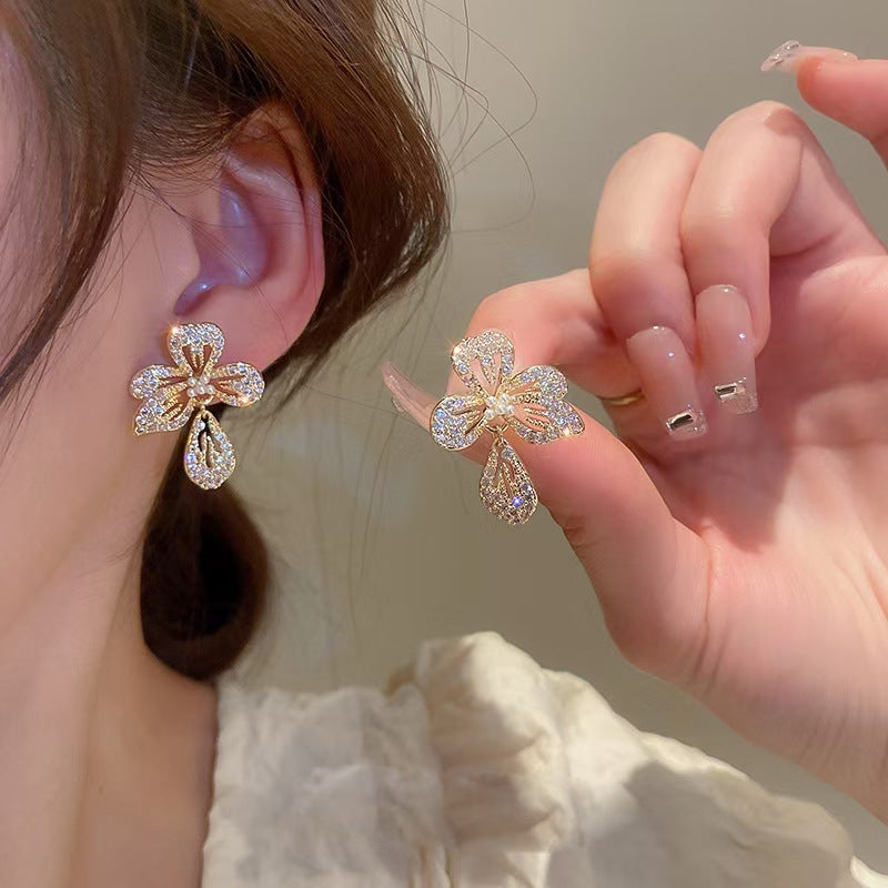 Fairy Flower Zirconia Pearl Stud Earrings for Women