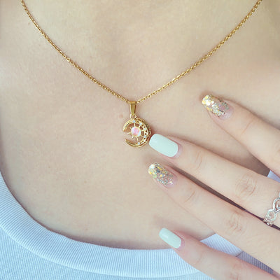 Korean Style Starry Sky Moon and Sun Gold Plated Pendant Necklace - Stainless Steel with Zircon Inlay