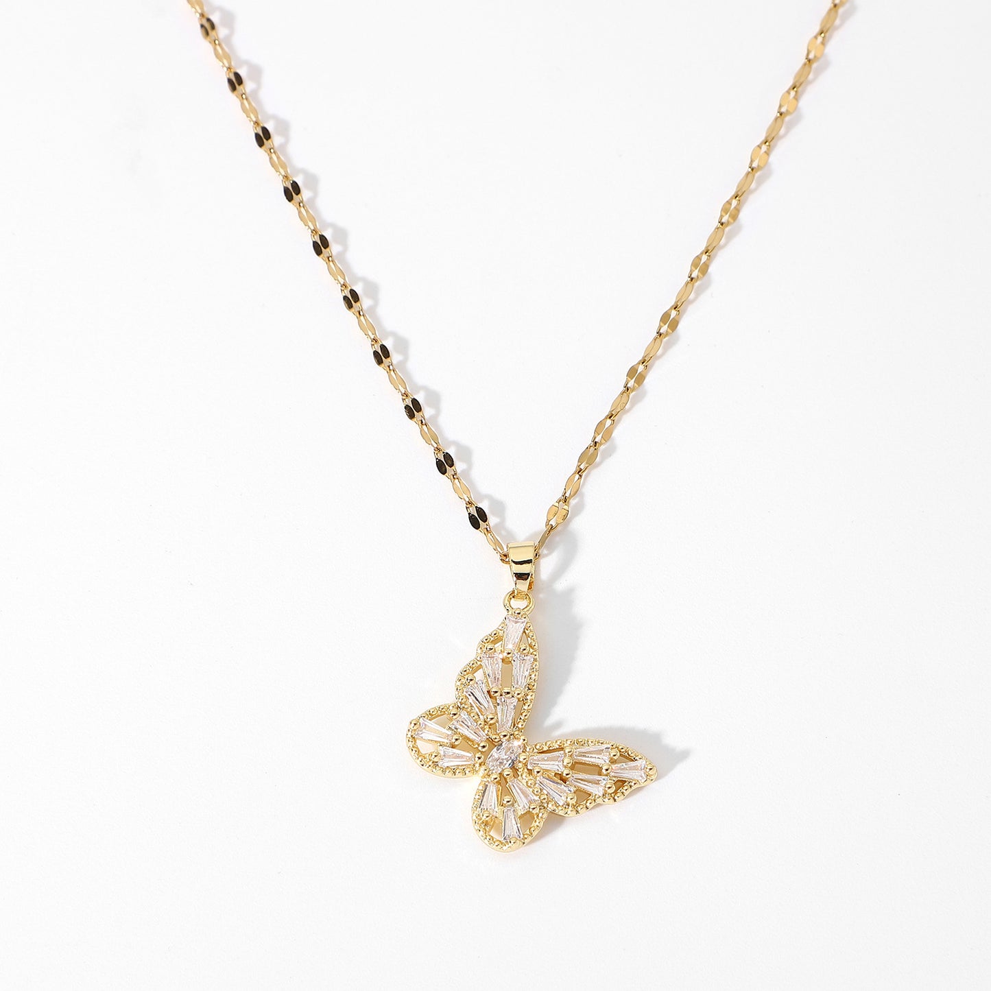 18K Gold Crystal Butterfly Pendant Necklace for Women