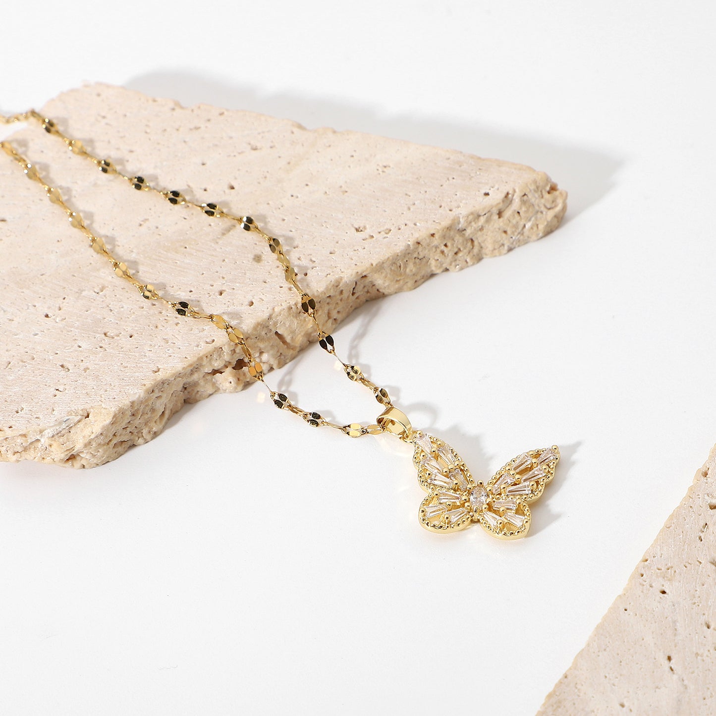 18K Gold Crystal Butterfly Pendant Necklace for Women