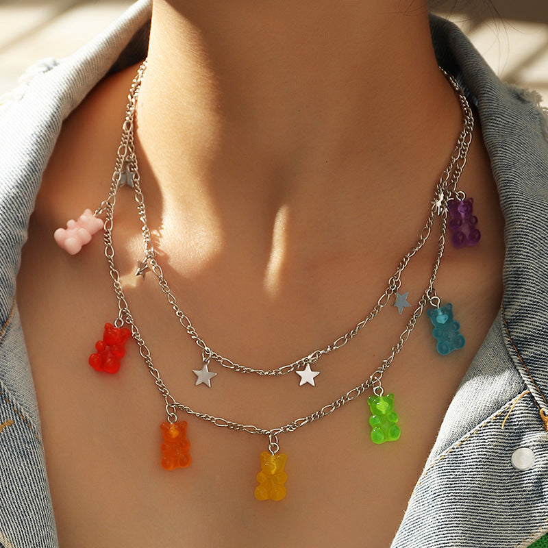 Fashion Transparent Jelly Multicolor Bear Alloy Necklace for Women