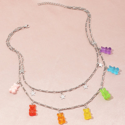 Fashion Transparent Jelly Multicolor Bear Alloy Necklace for Women
