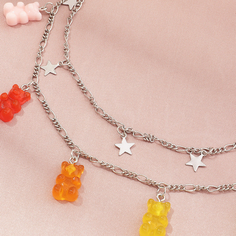 Fashion Transparent Jelly Multicolor Bear Alloy Necklace for Women