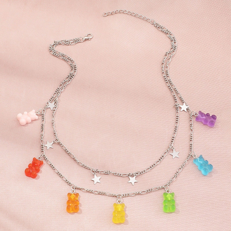 Fashion Transparent Jelly Multicolor Bear Alloy Necklace for Women
