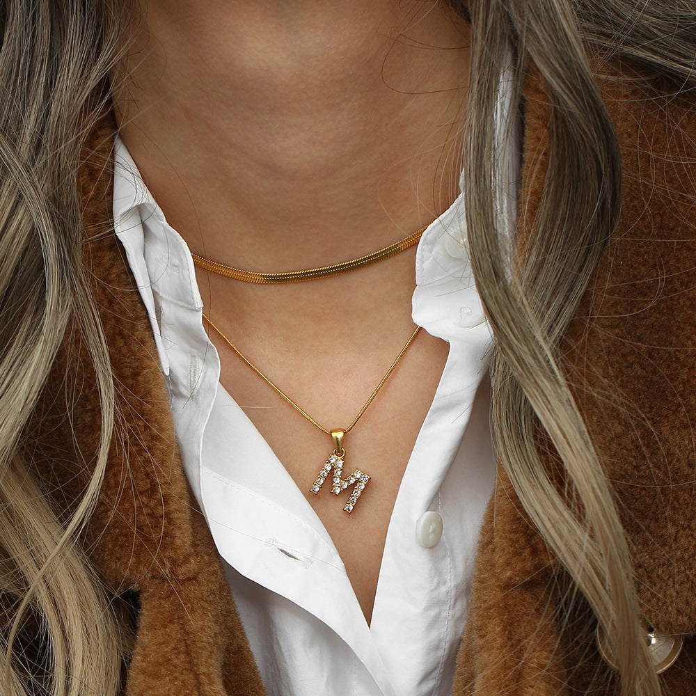 18K Gold Plated Double-Layer Zircon Letter Stainless Steel Necklace