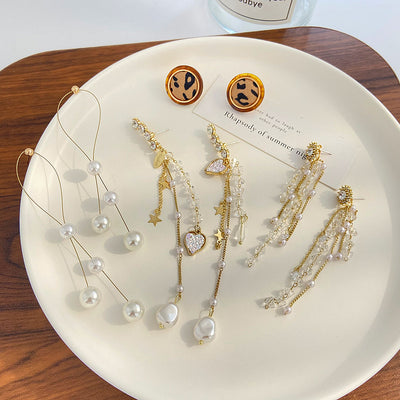 Fashion Leopard Print Heart Pearl Flower Rhinestone Drop Earrings