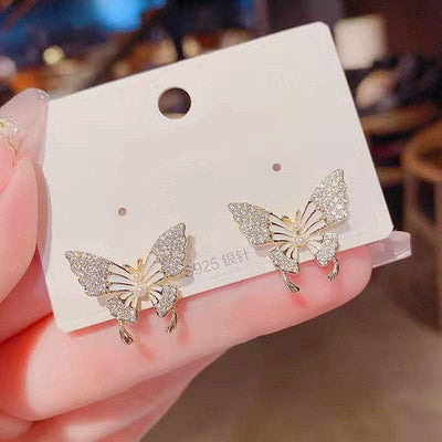 Elegant Zircon Butterfly Stud Earrings with S925 Silver Needle