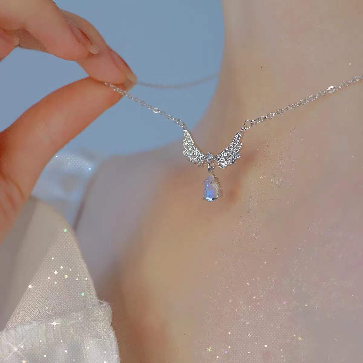 Angel Wings Moonstone Rhinestone Pendant Necklace for Women