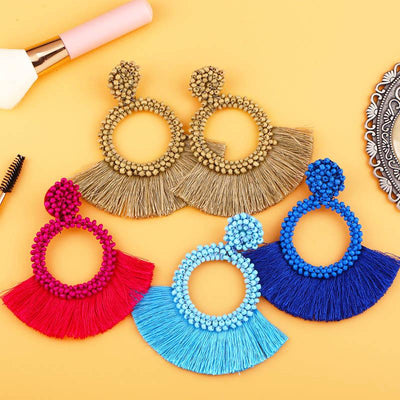 Bohemian Beaded Fan-shaped Tassel Earrings for Women