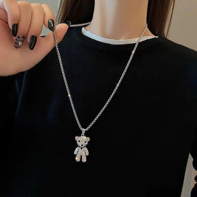 Fashion Rhinestone Bear Pendant Necklace for Women - Stainless Steel, Adjustable Trendy Chain