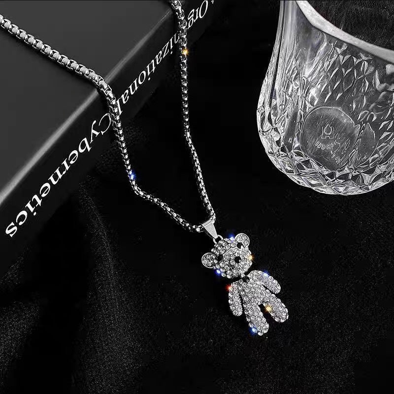 Fashion Rhinestone Bear Pendant Necklace for Women - Stainless Steel, Adjustable Trendy Chain