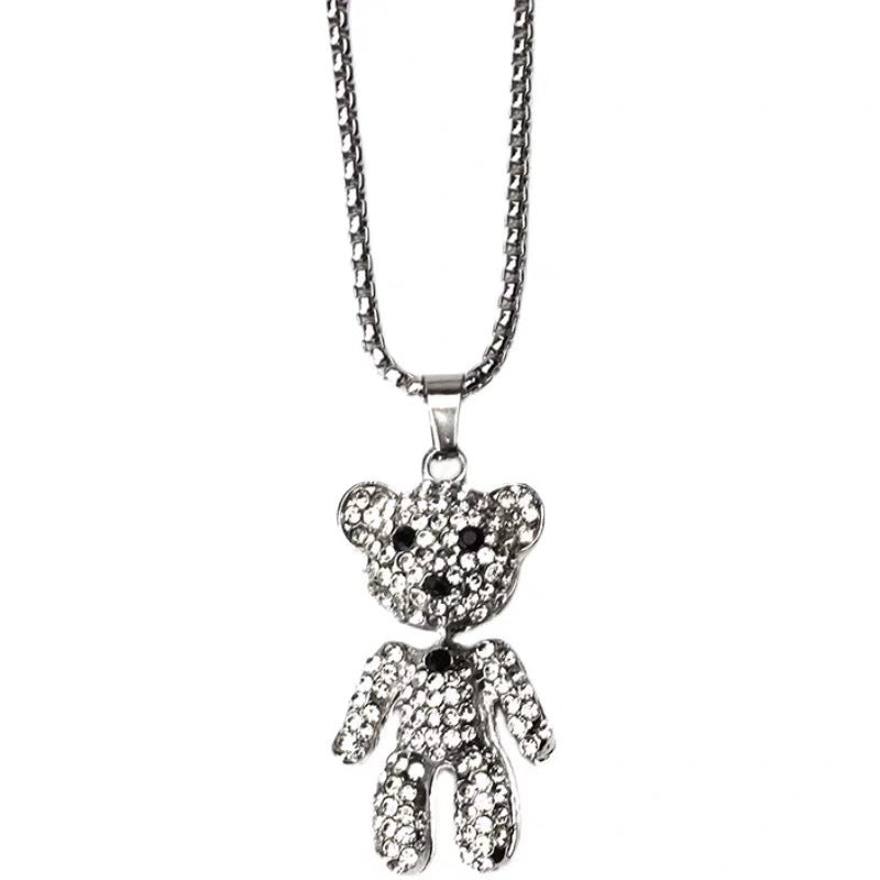 Fashion Rhinestone Bear Pendant Necklace for Women - Stainless Steel, Adjustable Trendy Chain