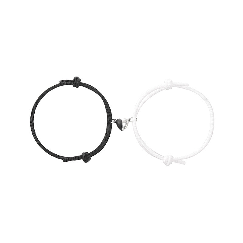 Fashion Black White Heart Magnet Rope Bracelet Pair Set Jewelry