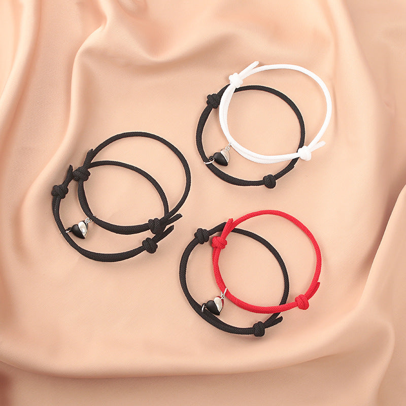Fashion Black White Heart Magnet Rope Bracelet Pair Set Jewelry