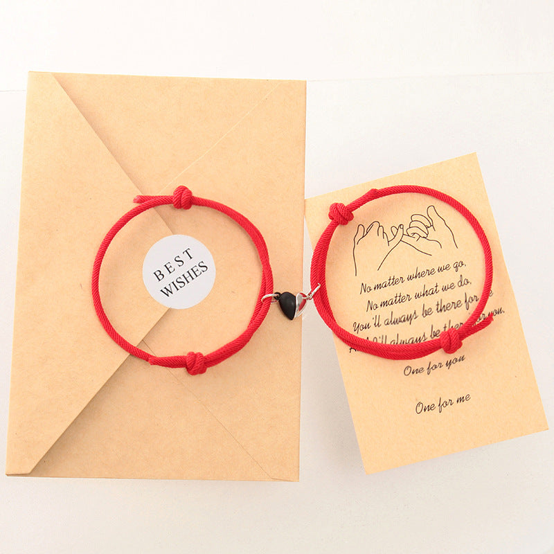 Fashion Black White Heart Magnet Rope Bracelet Pair Set Jewelry
