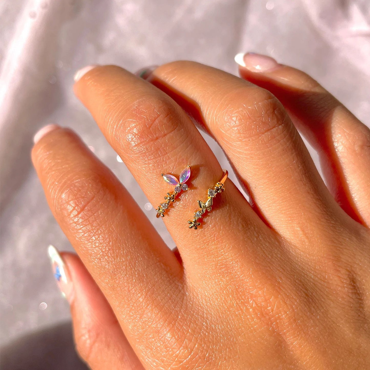 Fashion Gradient Butterfly Flower Zircon Adjustable Open Ring