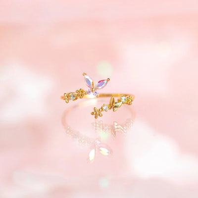 Fashion Gradient Butterfly Flower Zircon Adjustable Open Ring