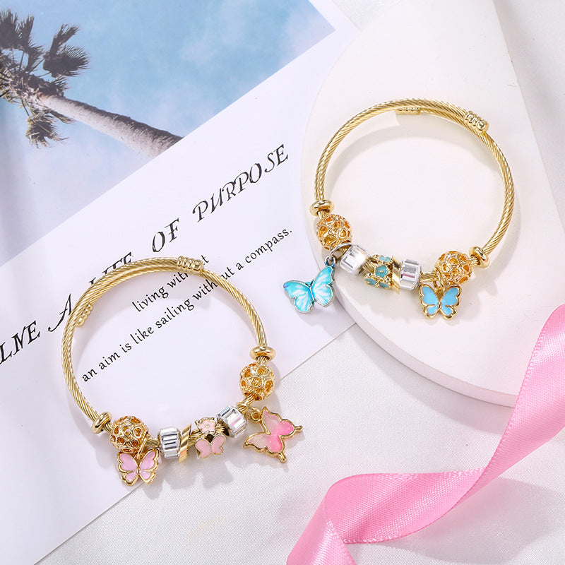 Fashion Butterfly Mosaic Sunflower Pendant Stainless Steel Bangle Bracelet Set