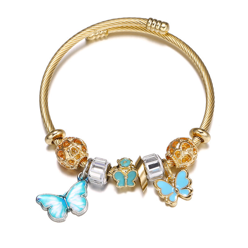Fashion Butterfly Mosaic Sunflower Pendant Stainless Steel Bangle Bracelet Set