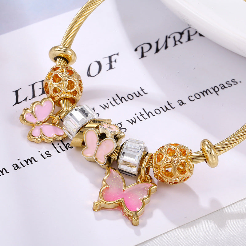 Fashion Butterfly Mosaic Sunflower Pendant Stainless Steel Bangle Bracelet Set