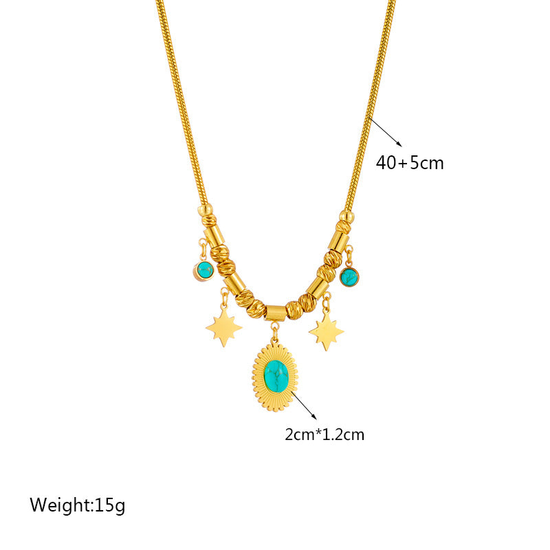 Fashion Oval Turquoise Star Pendant Titanium Steel Necklace with Pearl and Gemstone Inlay