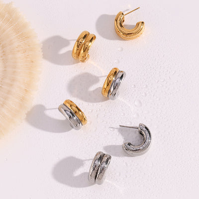 Fashion C Shape Stainless Steel Double Layer Hoop Earrings