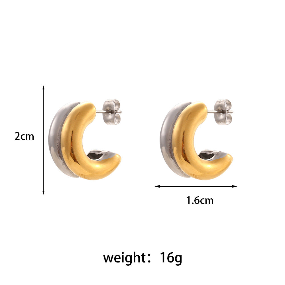 Fashion C Shape Stainless Steel Double Layer Hoop Earrings