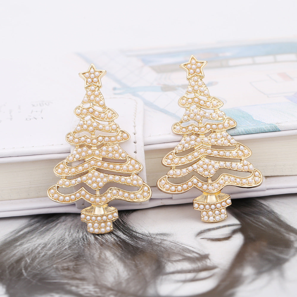 Fashion Christmas Tree Star Rhinestone Pearl Drop Earrings for Women