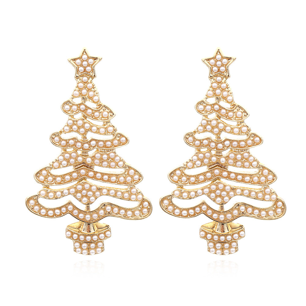 Fashion Christmas Tree Star Rhinestone Pearl Drop Earrings for Women