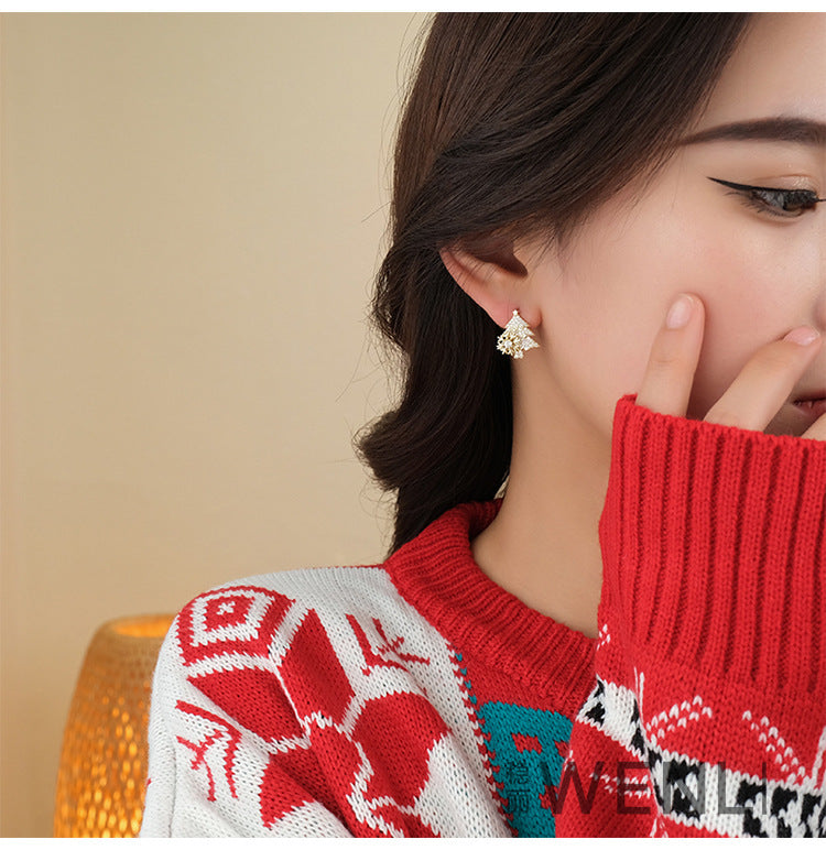 Fashion Rotatable Christmas Tree Snowflake Zircon Stud Earrings in 925 Silver