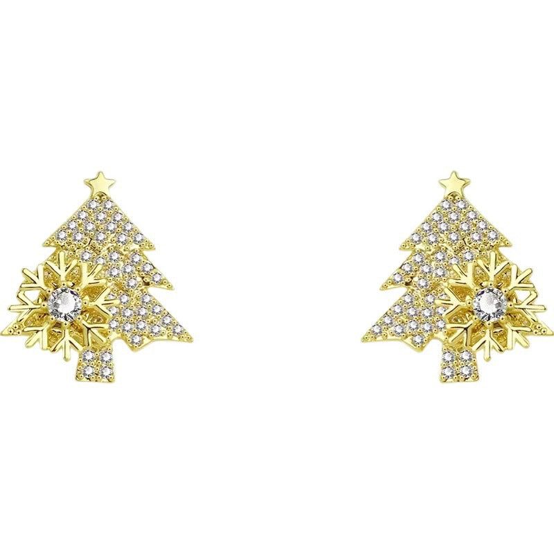 Fashion Rotatable Christmas Tree Snowflake Zircon Stud Earrings in 925 Silver