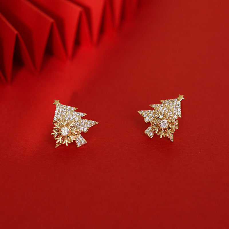 Fashion Rotatable Christmas Tree Snowflake Zircon Stud Earrings in 925 Silver