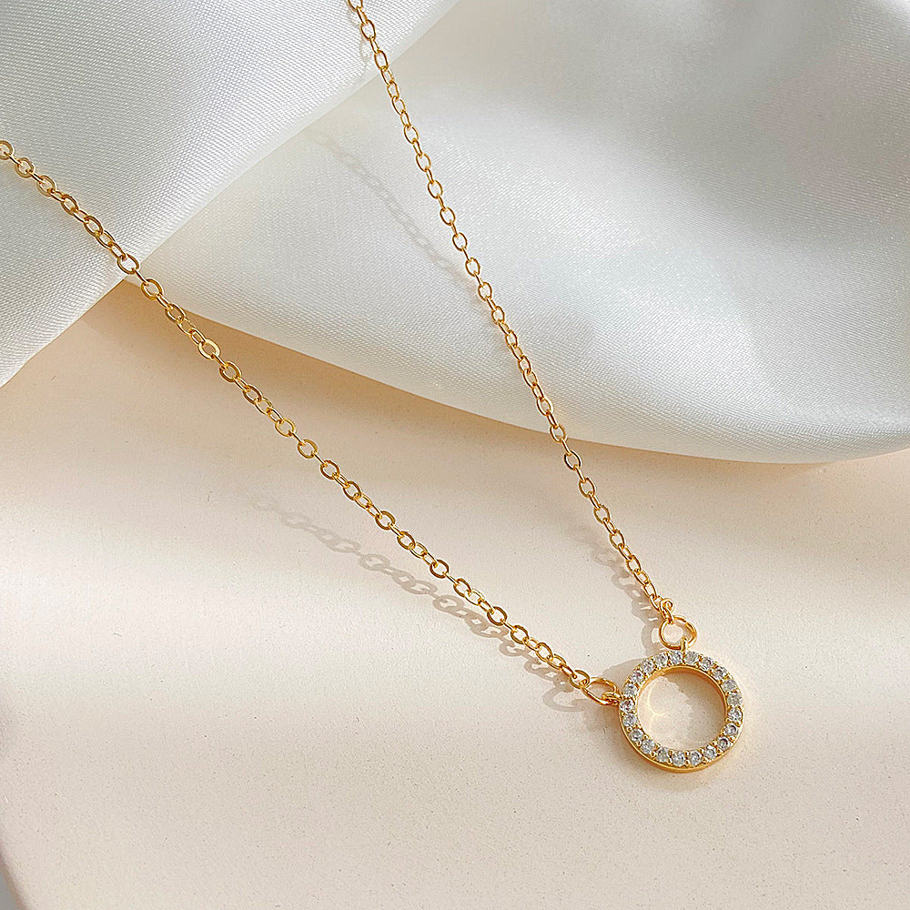 Geometric Zircon Inlay Circle Pendant Necklace - Vintage Minimalist Design