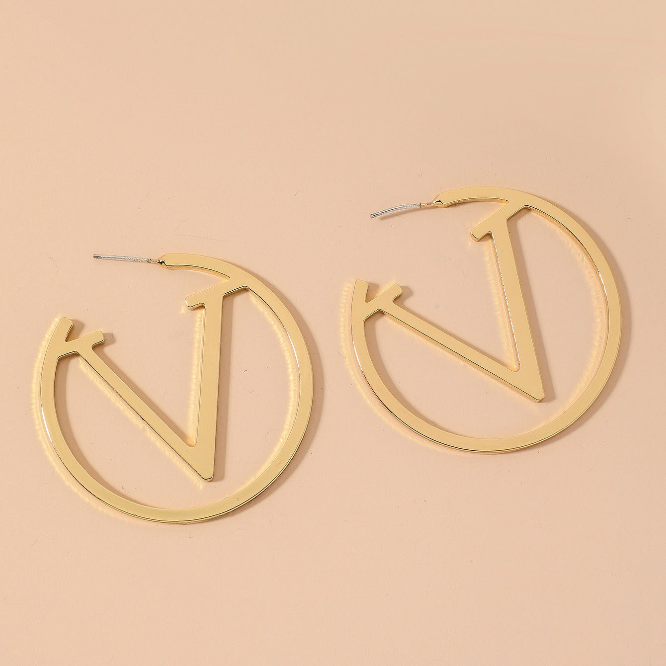 Circle Letter V Earrings - Black and White Statement Hoops for Women