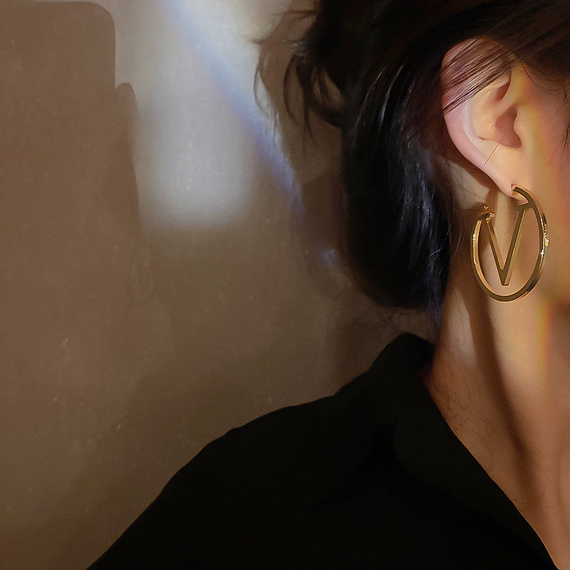 Circle Letter V Earrings - Black and White Statement Hoops for Women