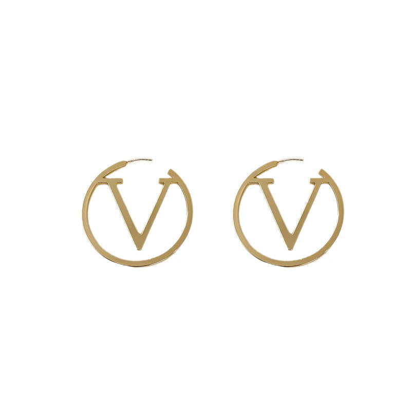 Circle Letter V Earrings - Black and White Statement Hoops for Women