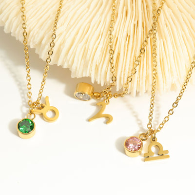 Fashion Zodiac Birthstone Pendant Necklace - 18K Gold Plated Stainless Steel