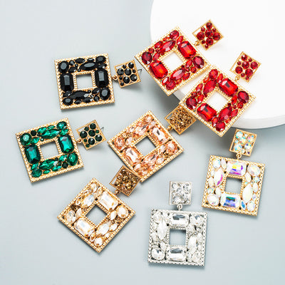 Fashion Multi-layer Square Earrings with Colored Glass and Alloy Diamonds
