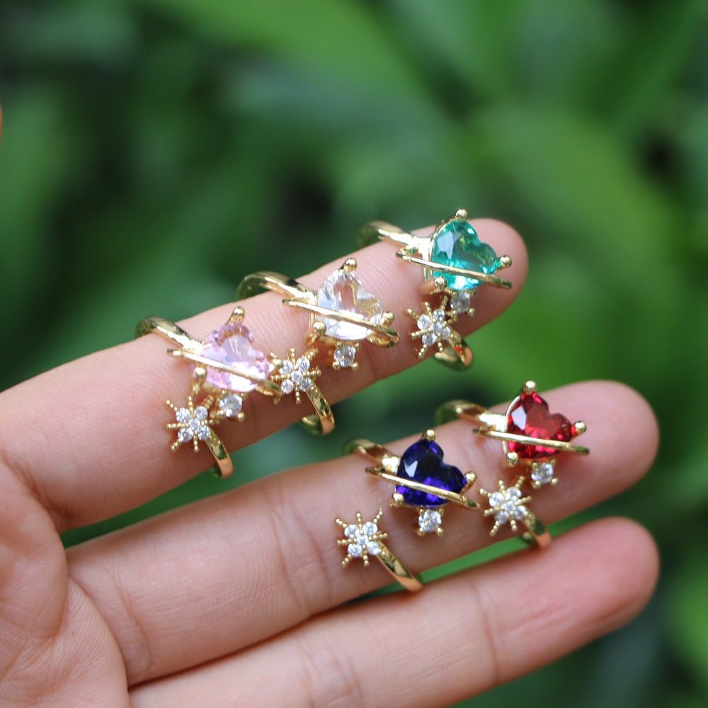 Fashion Copper Micro-inlaid Colorful Heart and Star Design Rings