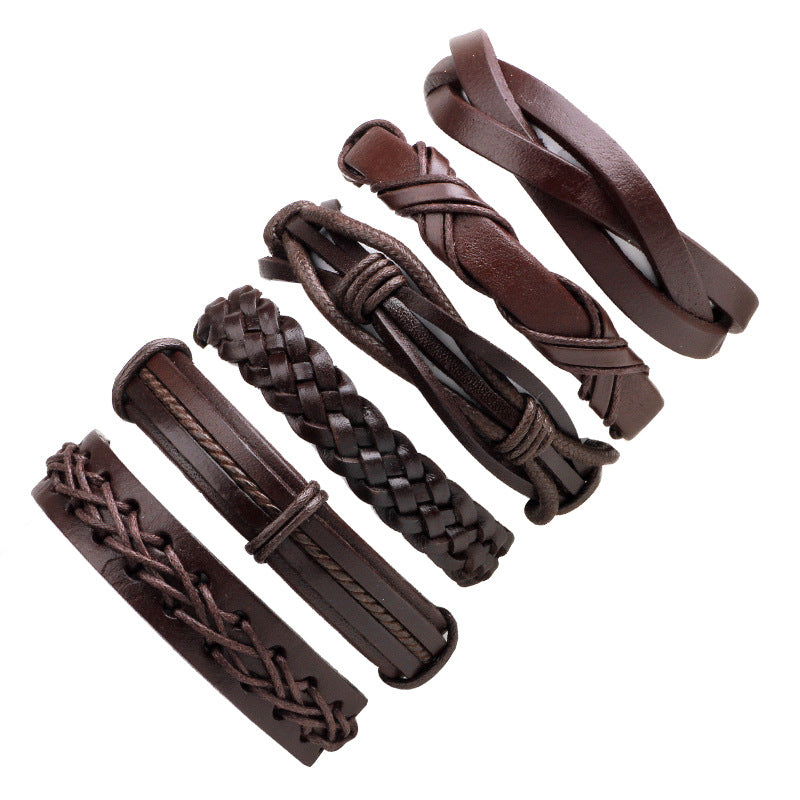 Fashion Cowhide Braided Men's Leather Bracelet Set - 6 Pieces