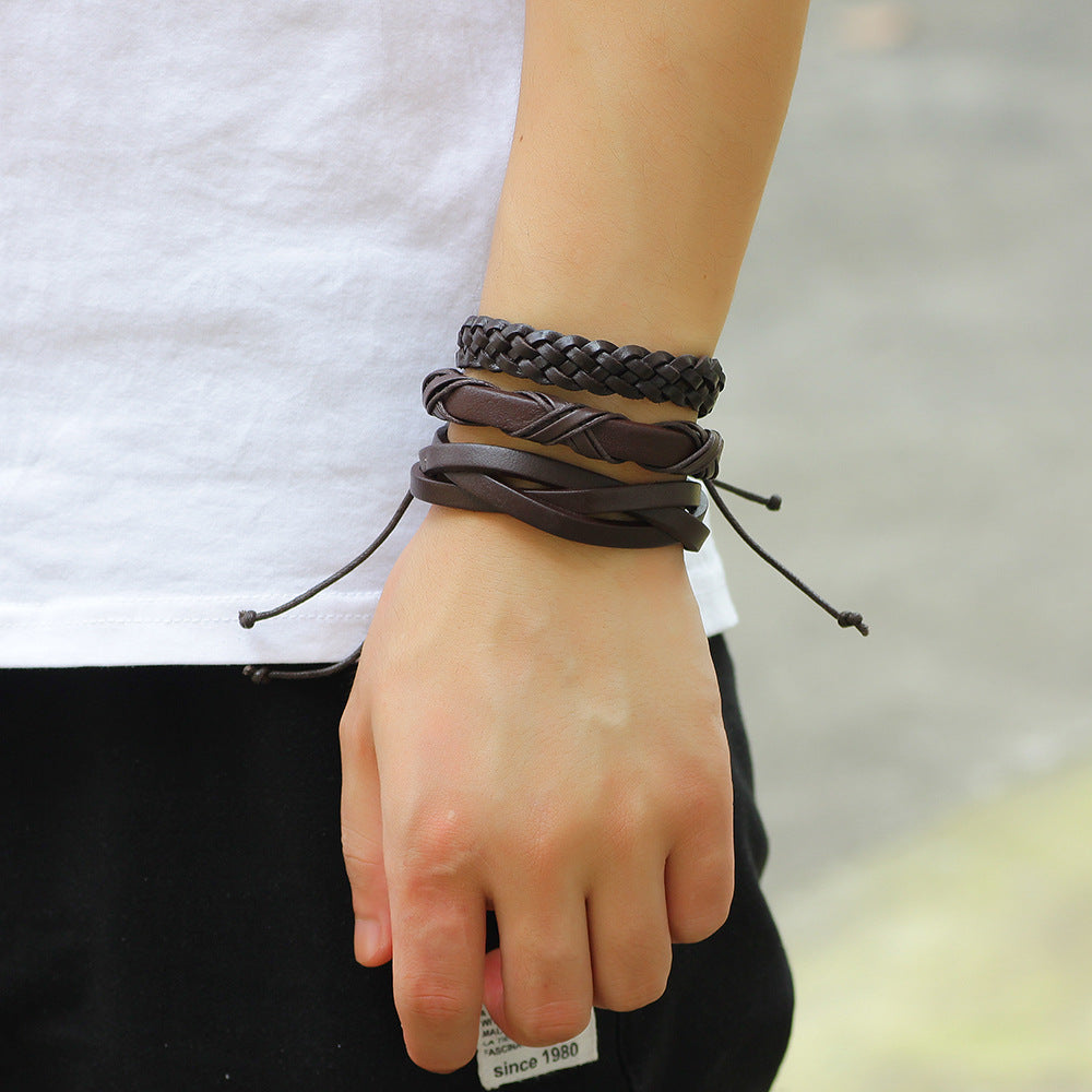 Fashion Cowhide Braided Men's Leather Bracelet Set - 6 Pieces