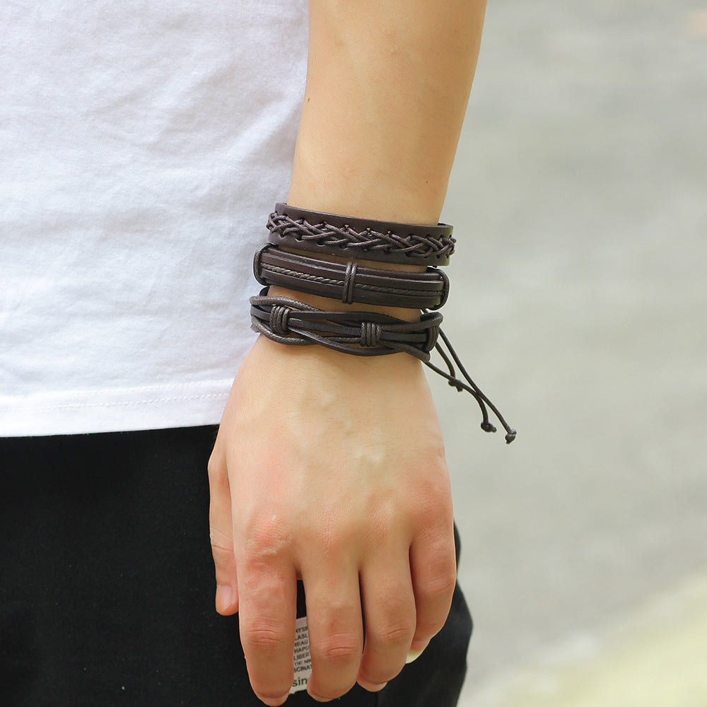 Fashion Cowhide Braided Men's Leather Bracelet Set - 6 Pieces
