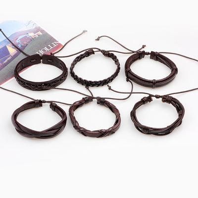 Fashion Cowhide Braided Men's Leather Bracelet Set - 6 Pieces