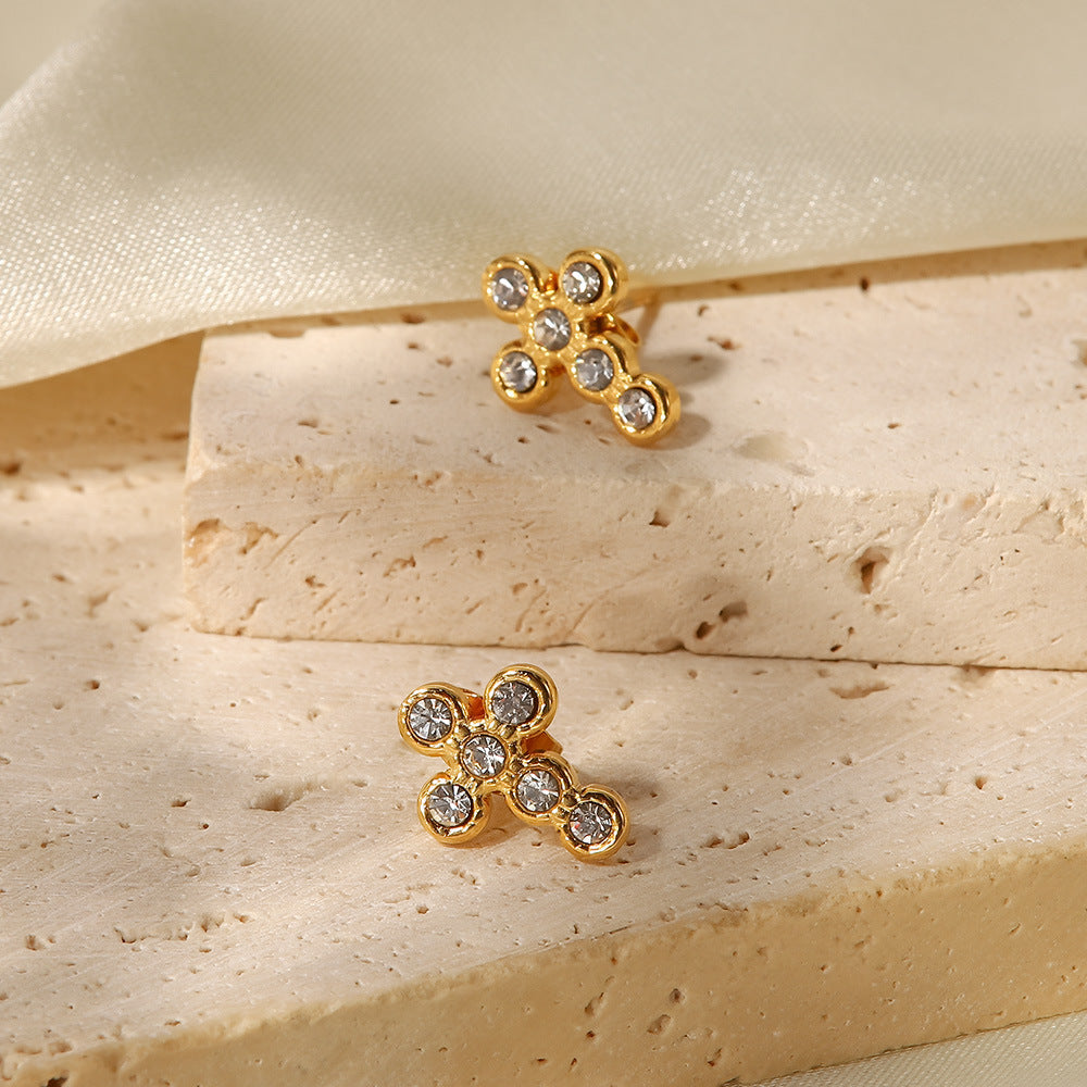 Fashion Cross Pearl Zircon Stainless Steel Earrings