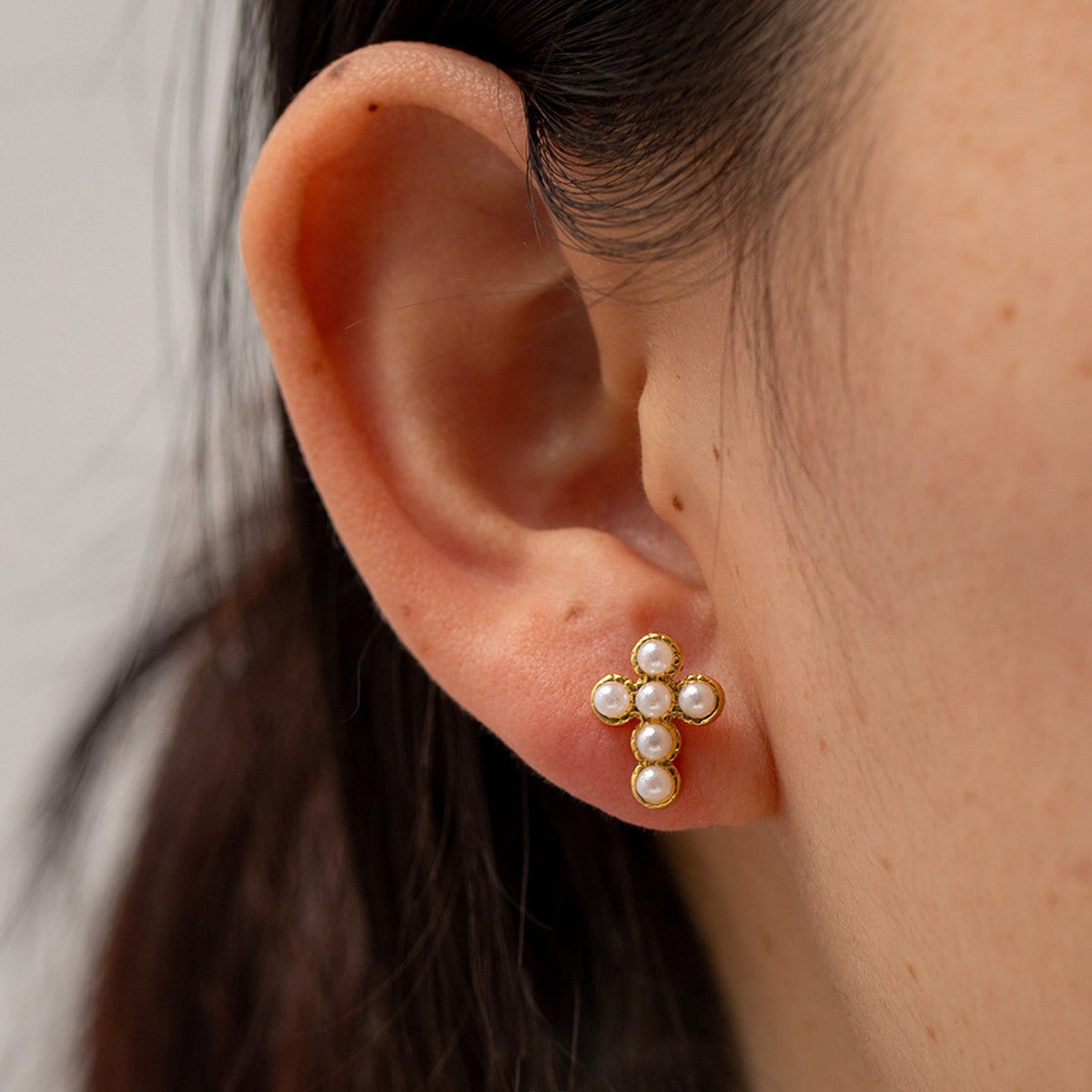 Fashion Cross Pearl Zircon Stainless Steel Earrings
