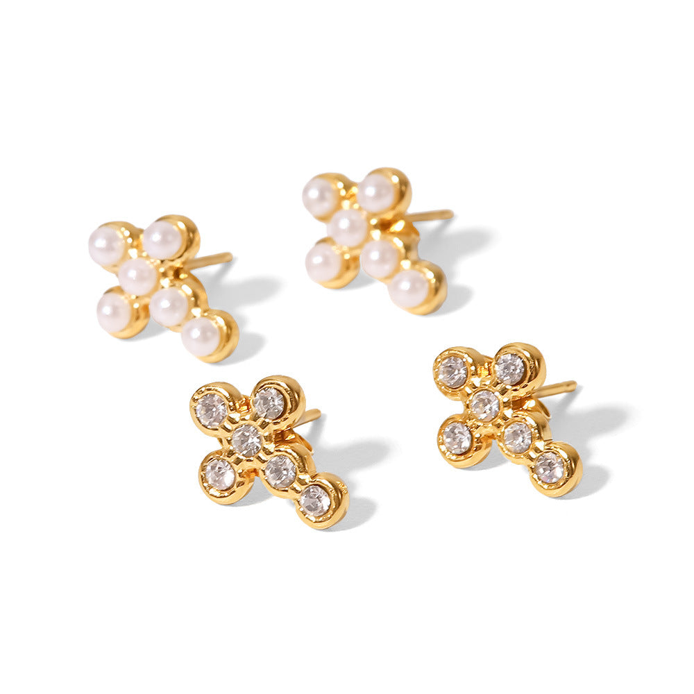 Fashion Cross Pearl Zircon Stainless Steel Earrings