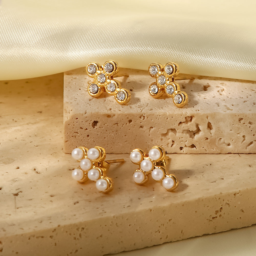 Fashion Cross Pearl Zircon Stainless Steel Earrings