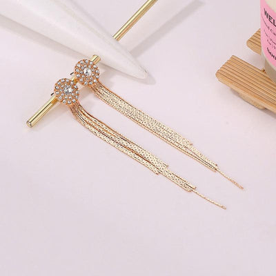 Crystal Sunflower Tassel Earrings with Chain and Drill Design